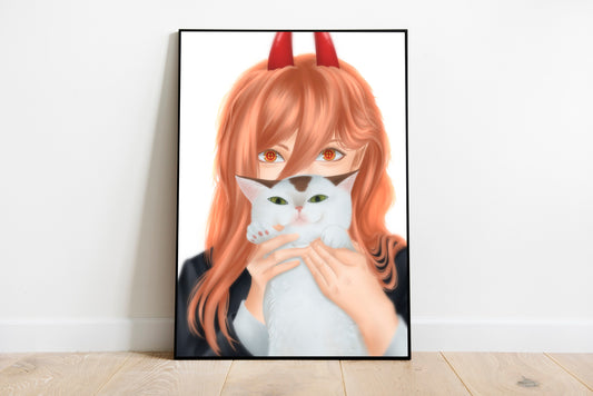 Chainsaw Devil Anime Girl with Cat Portrait Art Print *MADE TO ORDER*